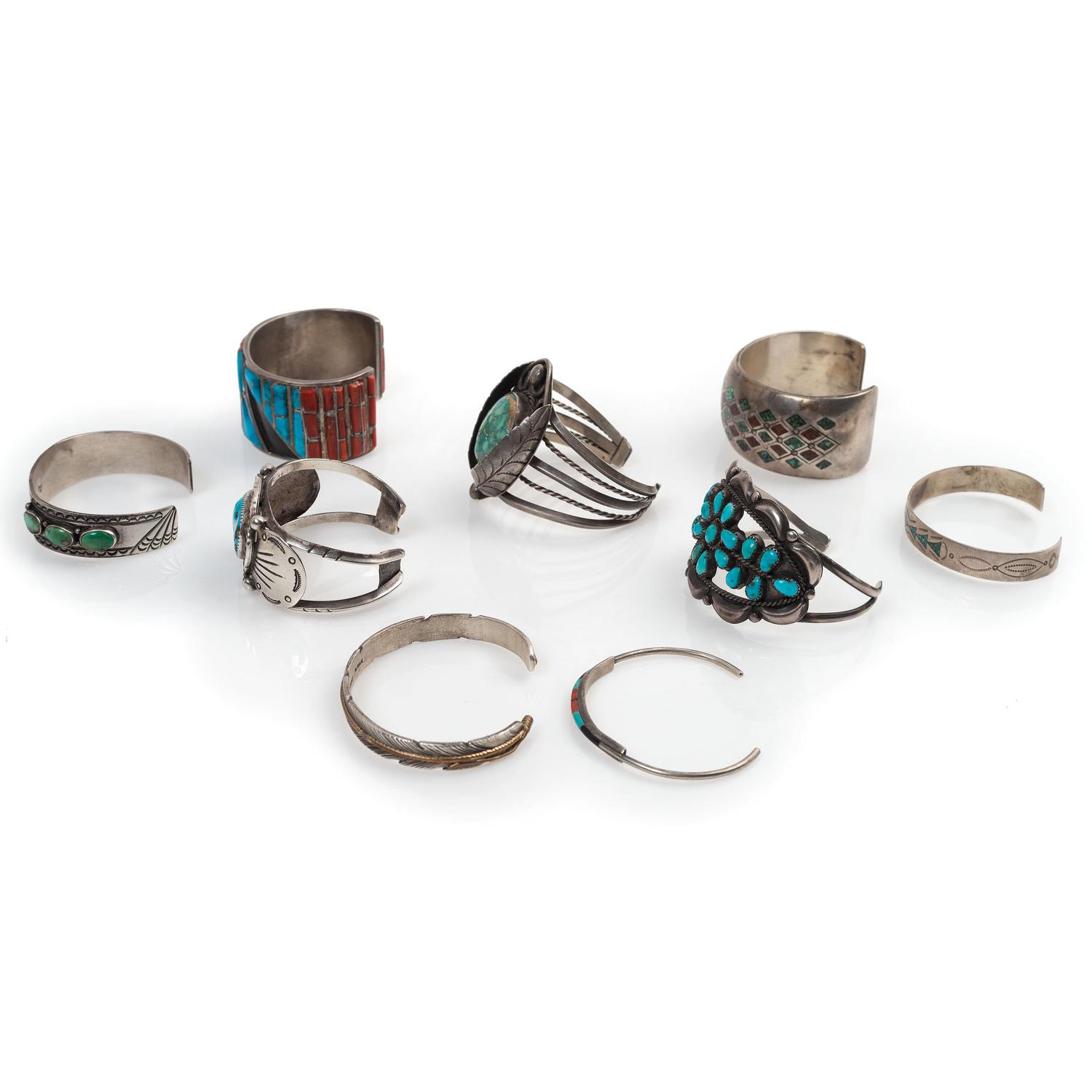 Navajo and Zuni Silver Cuff Bracelets, with Inlay