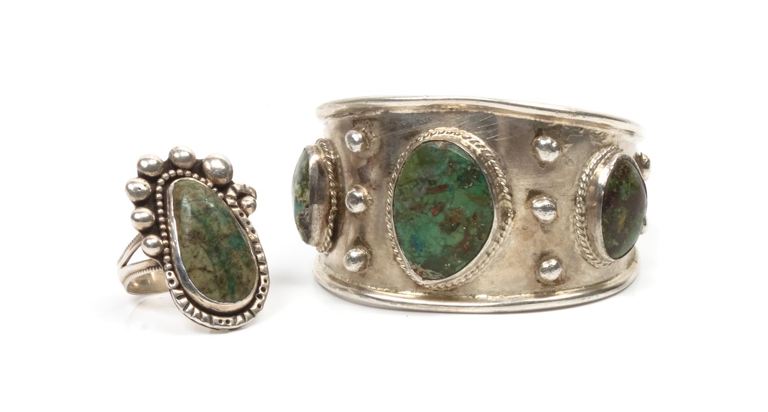 A Southwestern Style Silver and Turquoise Cuff and Similar Ring Length of cuff 7 x 1 1/8 opening x width 1 5/8 inches.
