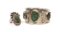 A Southwestern Style Silver and Turquoise Cuff and Similar Ring Length of cuff 7 x 1 1/8 opening x width 1 5/8 inches.
