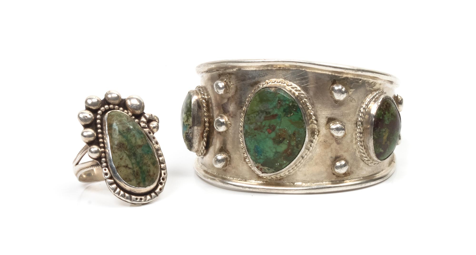 A Southwestern Style Silver and Turquoise Cuff and Similar Ring Length of cuff 7 x 1 1/8 opening x width 1 5/8 inches.
