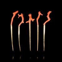 Five Red Coral Mounted 24K Gilt Hairpins, Zan, 20th Century