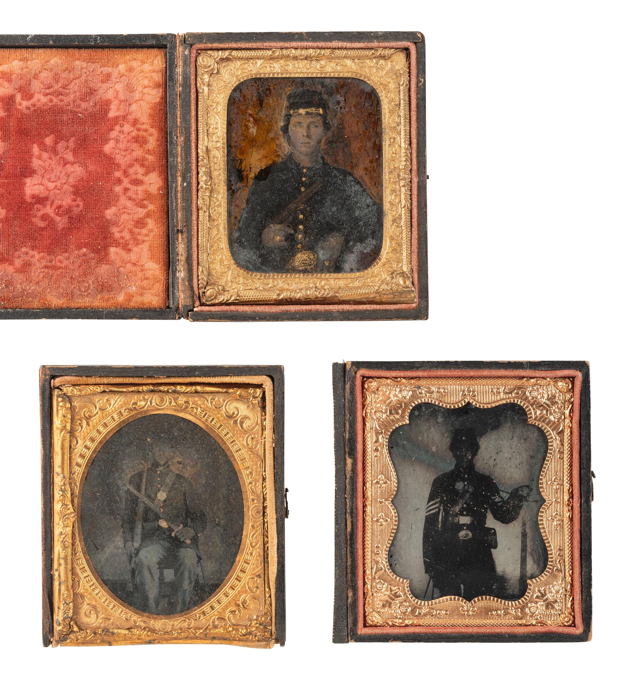 [CIVIL WAR]. 4 sixth plate images of armed soldiers, incl. tintype of soldier with Bowie knife.