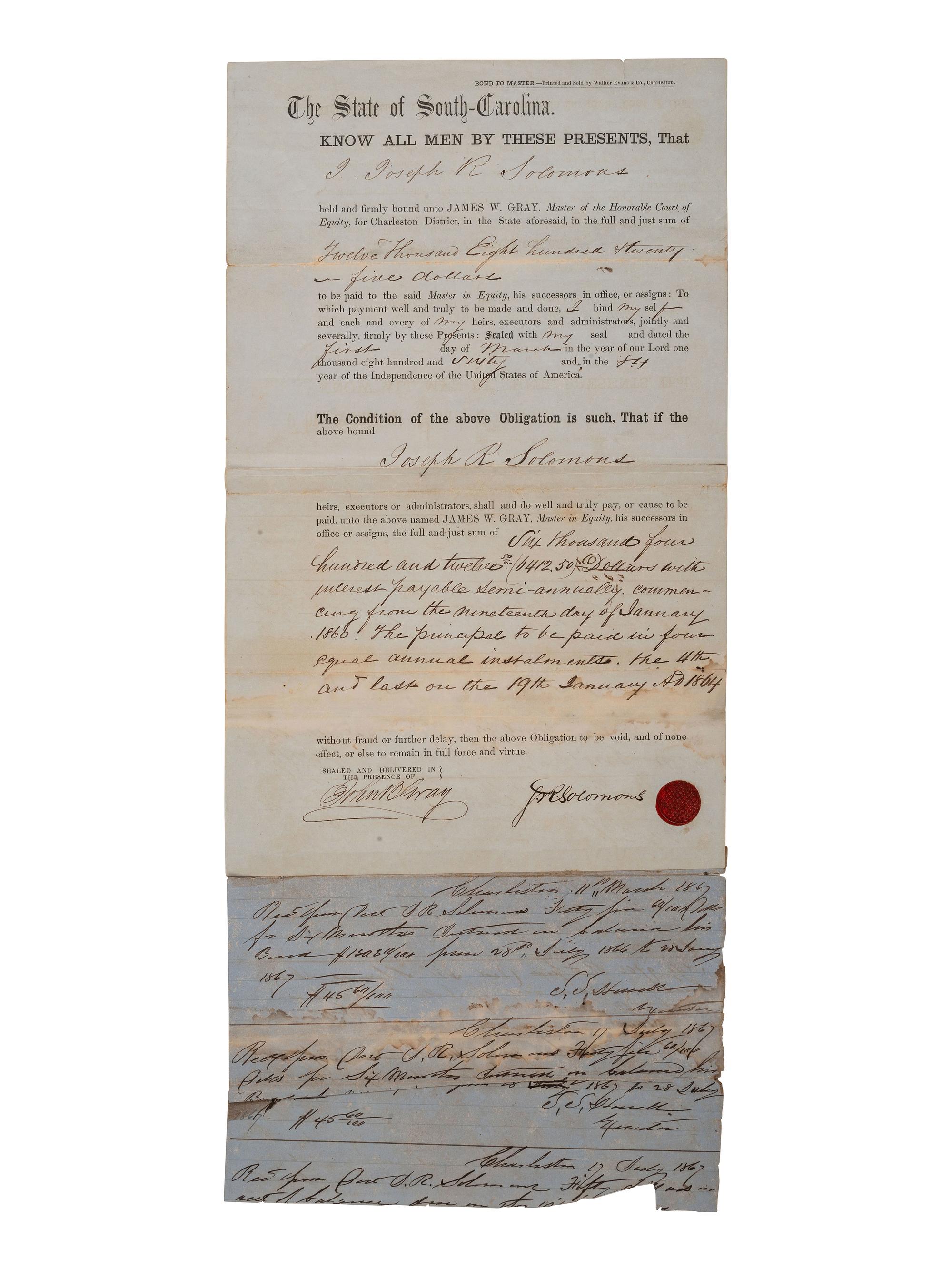 [SOUTH CAROLINA]. Group of 19th-century legal documents, including: