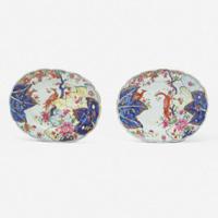 A pair of Chinese Export porcelain "Tobacco Leaf" butter tubs, covers, and stands circa 1775