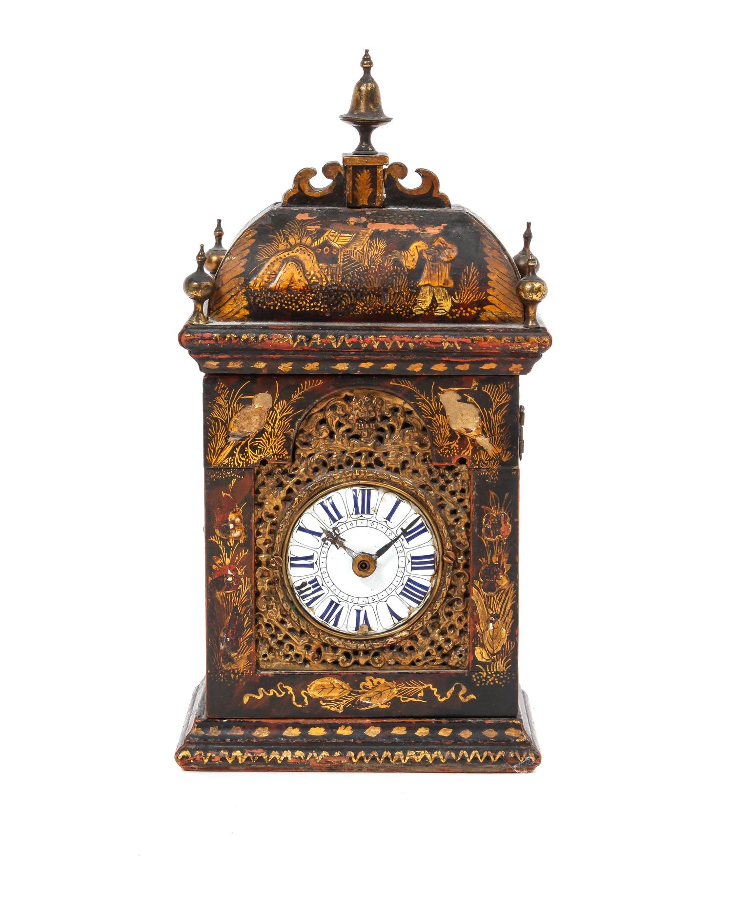 A Regency Lacquered Bracket Clock Height 11 x width 5 x depth 3 1/4 inches.