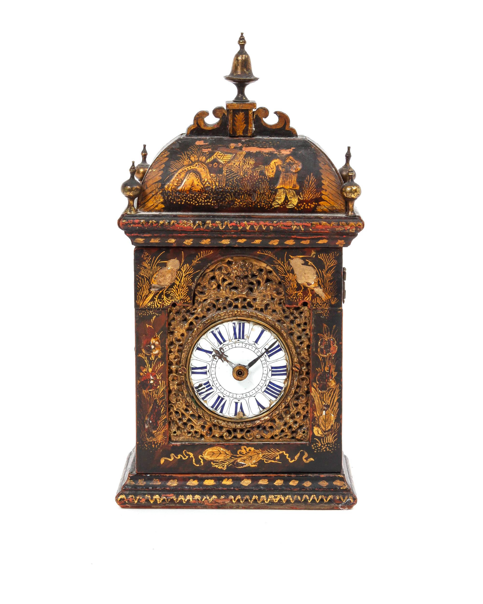 A Regency Lacquered Bracket Clock Height 11 x width 5 x depth 3 1/4 inches.