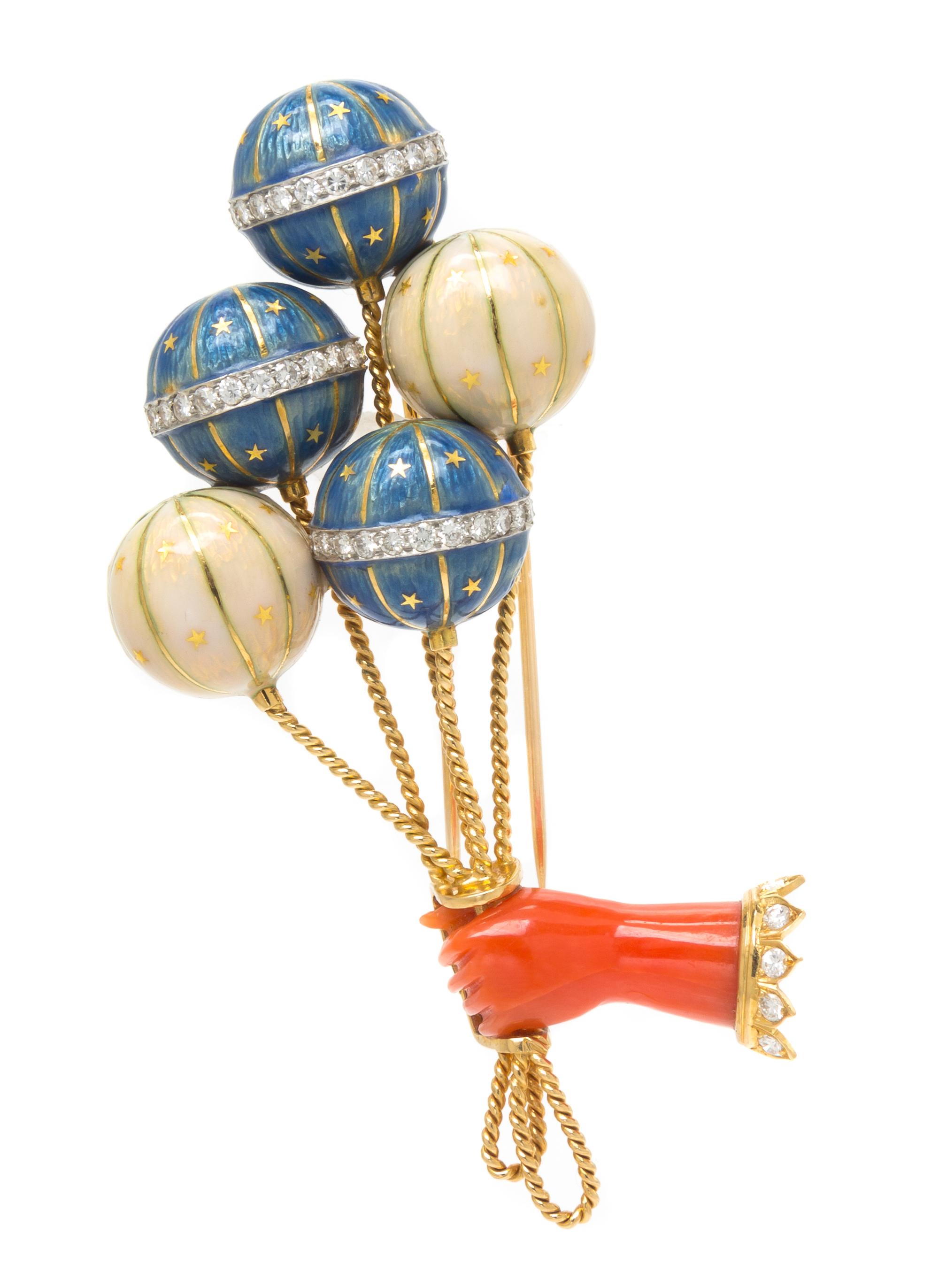 An 18 Karat Yellow Gold, Platinum, Diamond, Coral and Polychrome Enamel Brooch, French, 24.75 dwts.