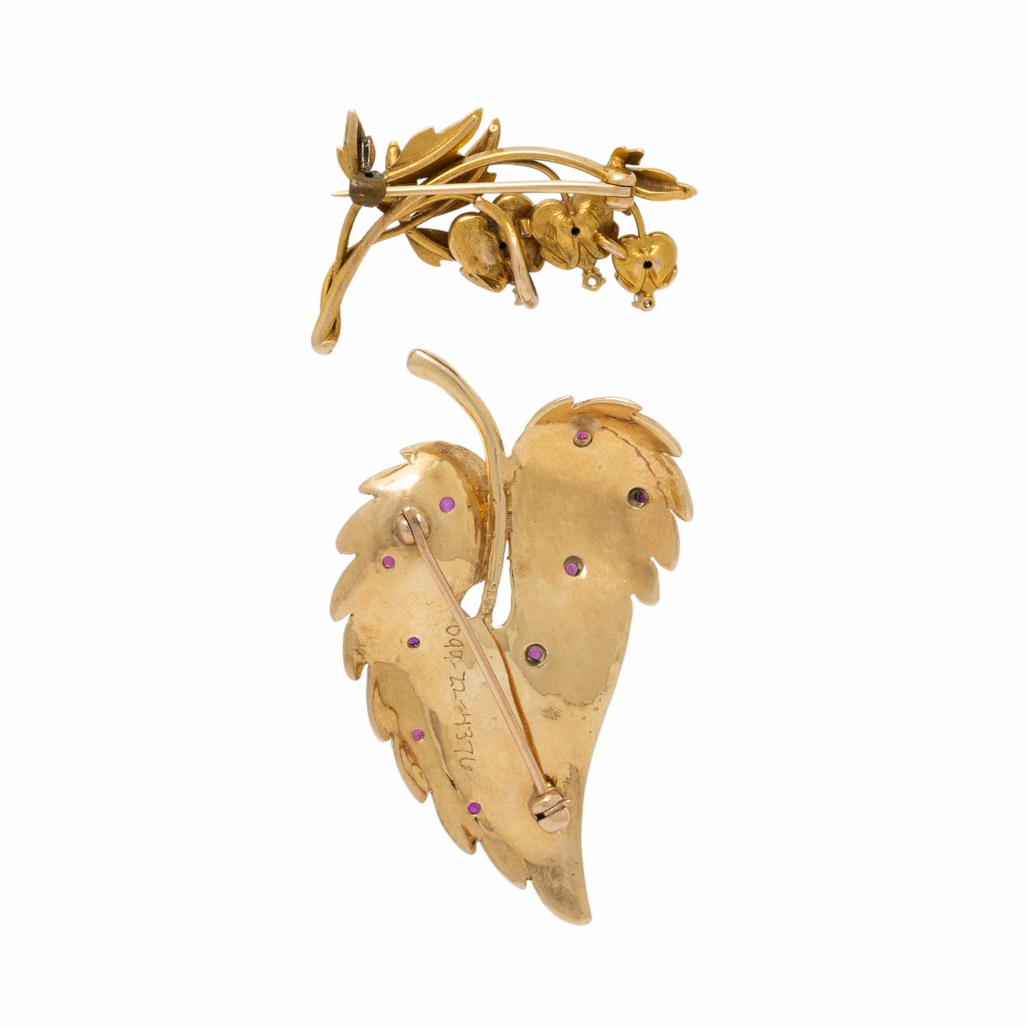 Two Yellow Gold Foliate Brooches