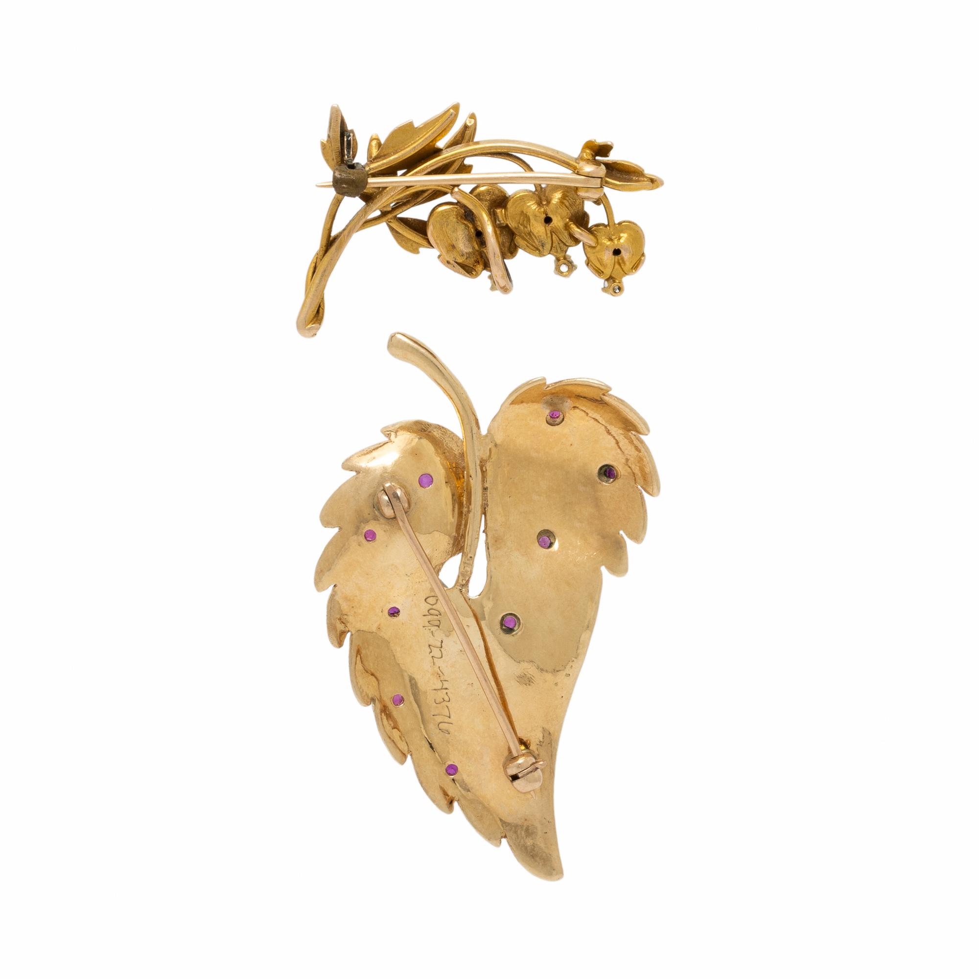 Two Yellow Gold Foliate Brooches