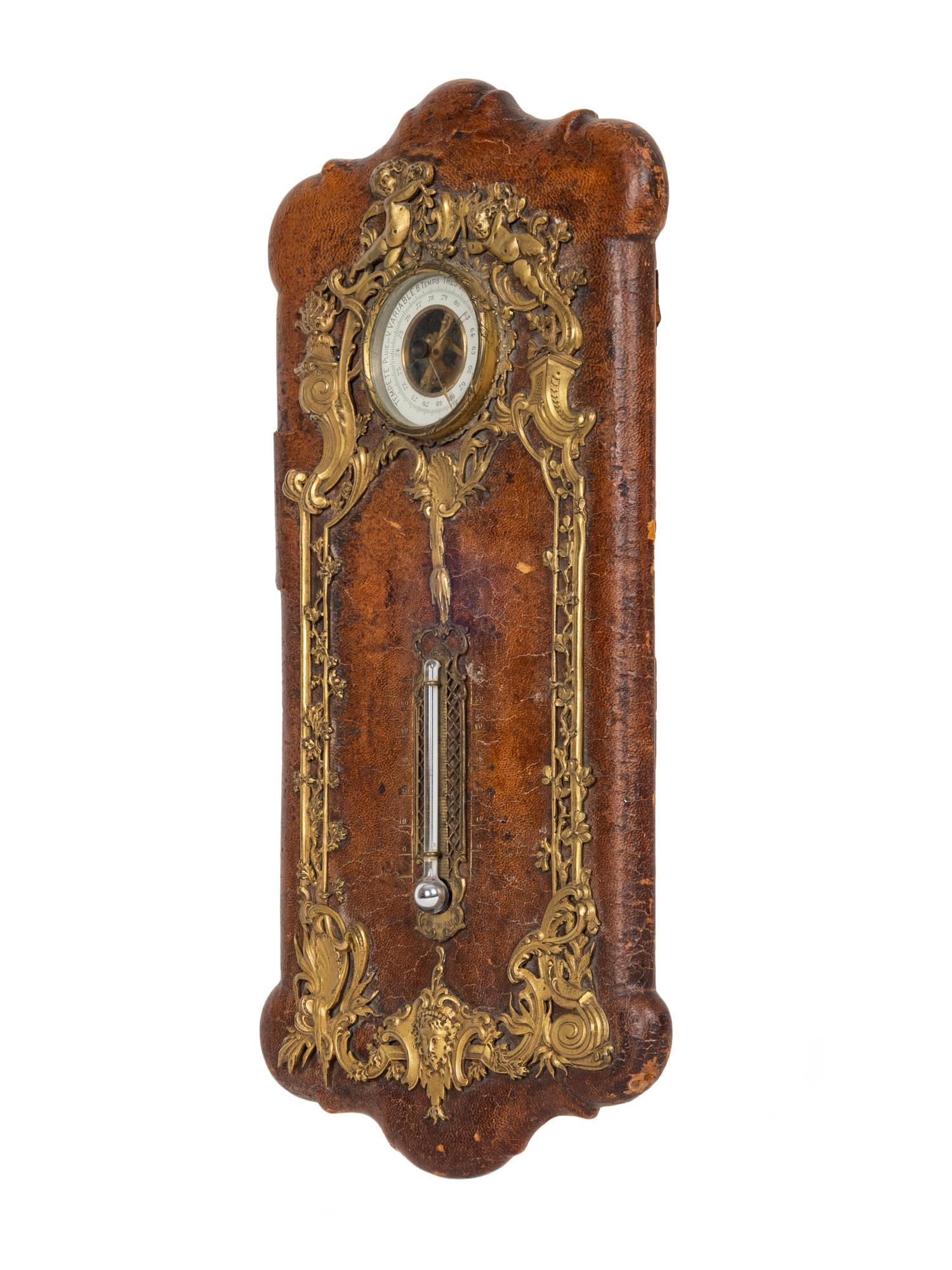 A French Gilt Metal and Leather Barometer and Thermometer