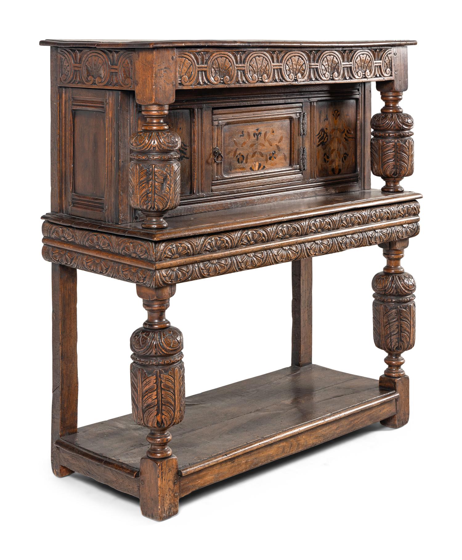 A Jacobean Style Oak and Marquetry Court Cupboard