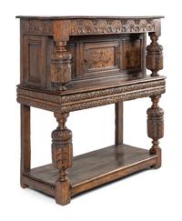 A Jacobean Style Oak and Marquetry Court Cupboard