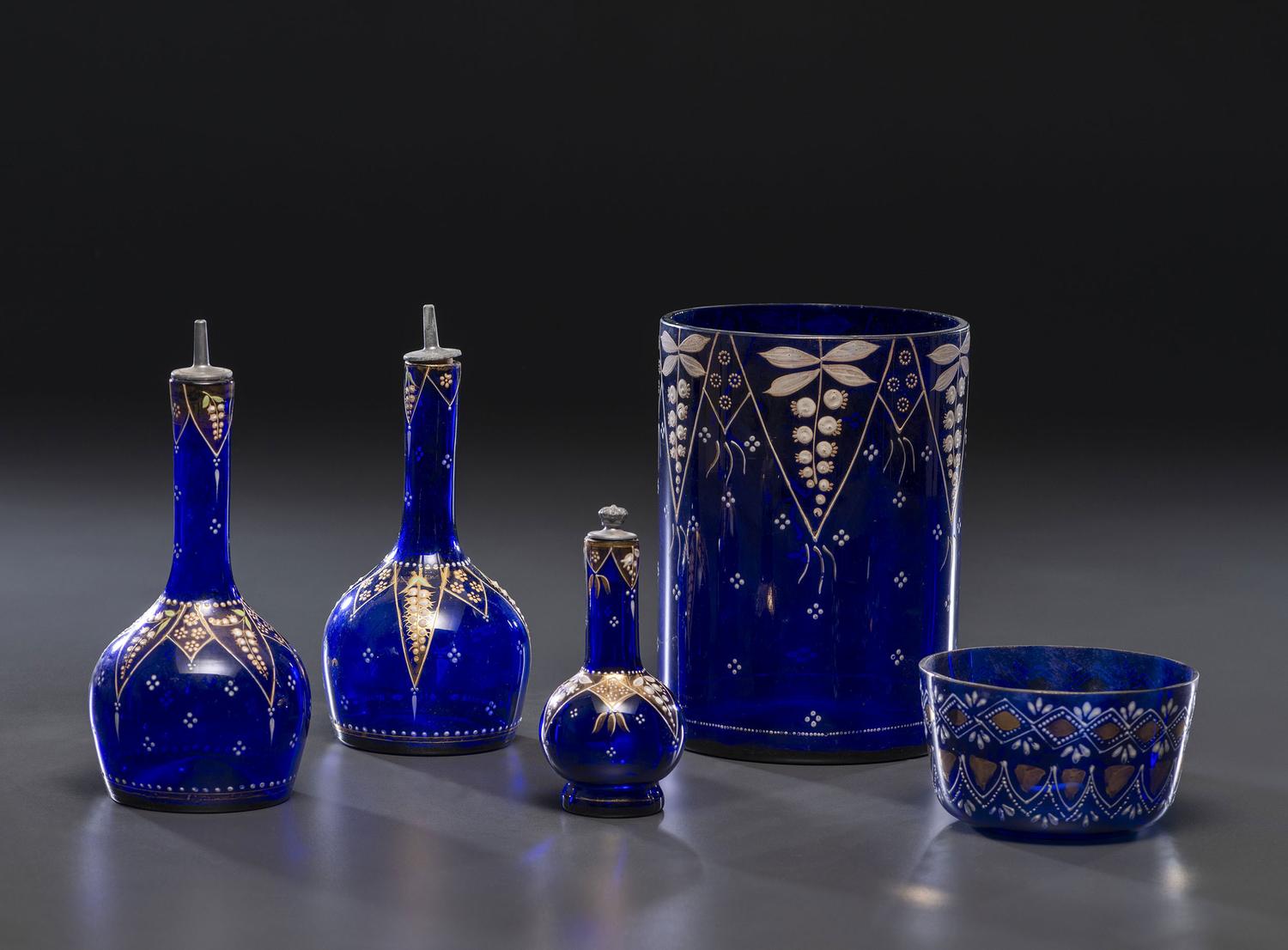 Five Enameled Cobalt Glass Barber Articles