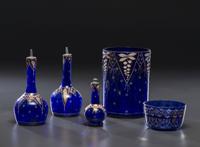 Five Enameled Cobalt Glass Barber Articles