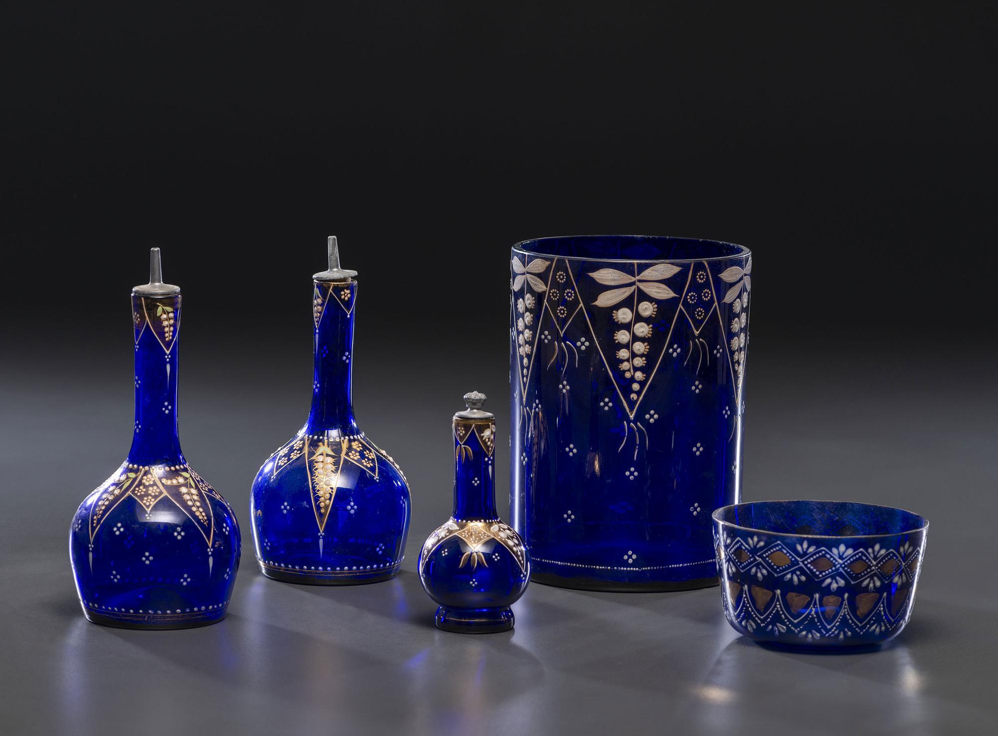 Five Enameled Cobalt Glass Barber Articles