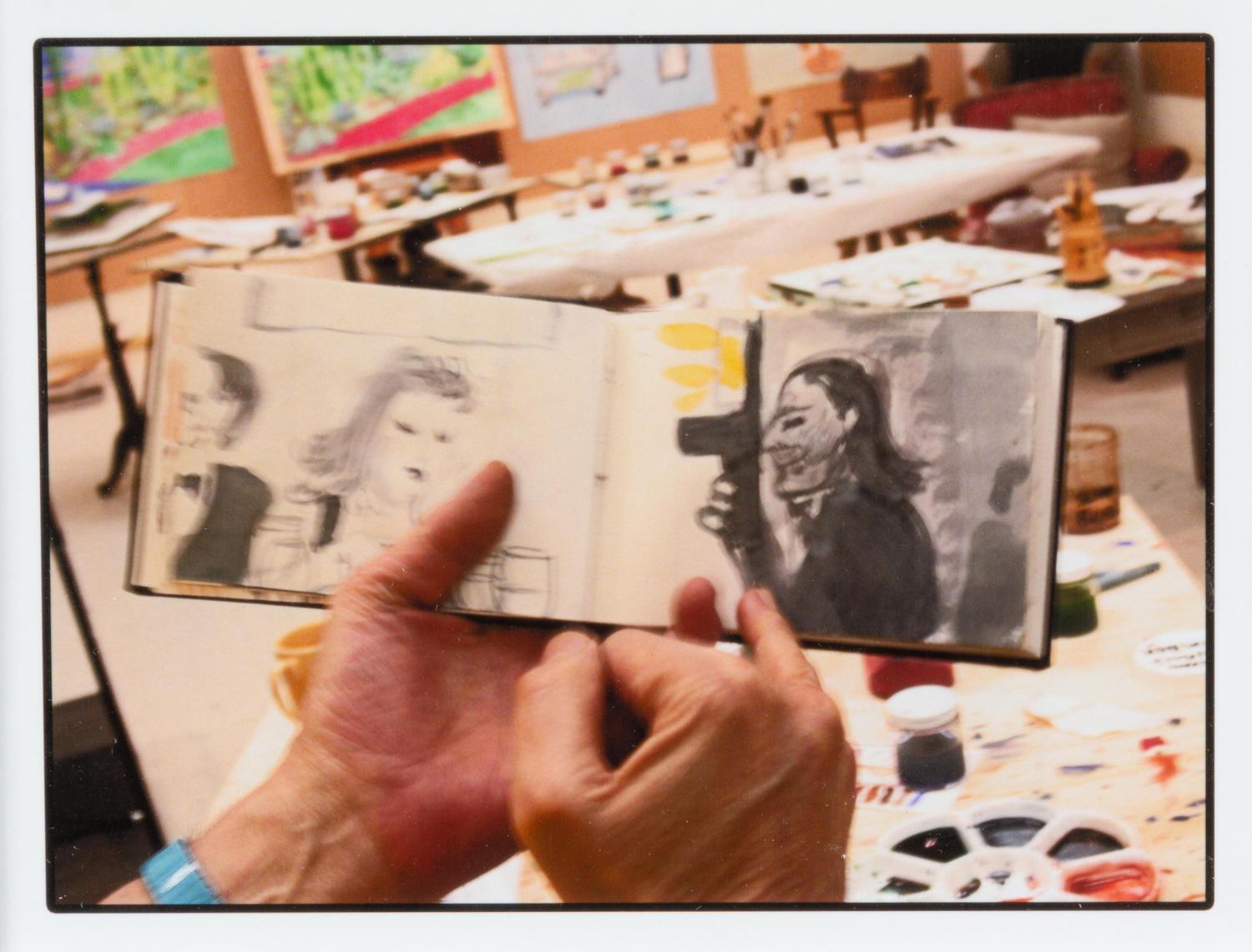 Group of 4 Portraits of Artists (including Jasper Johns, Roy Lichtenstein, Andy Warhol with Russell Means, and an unknown artist's hand with sketchbook)