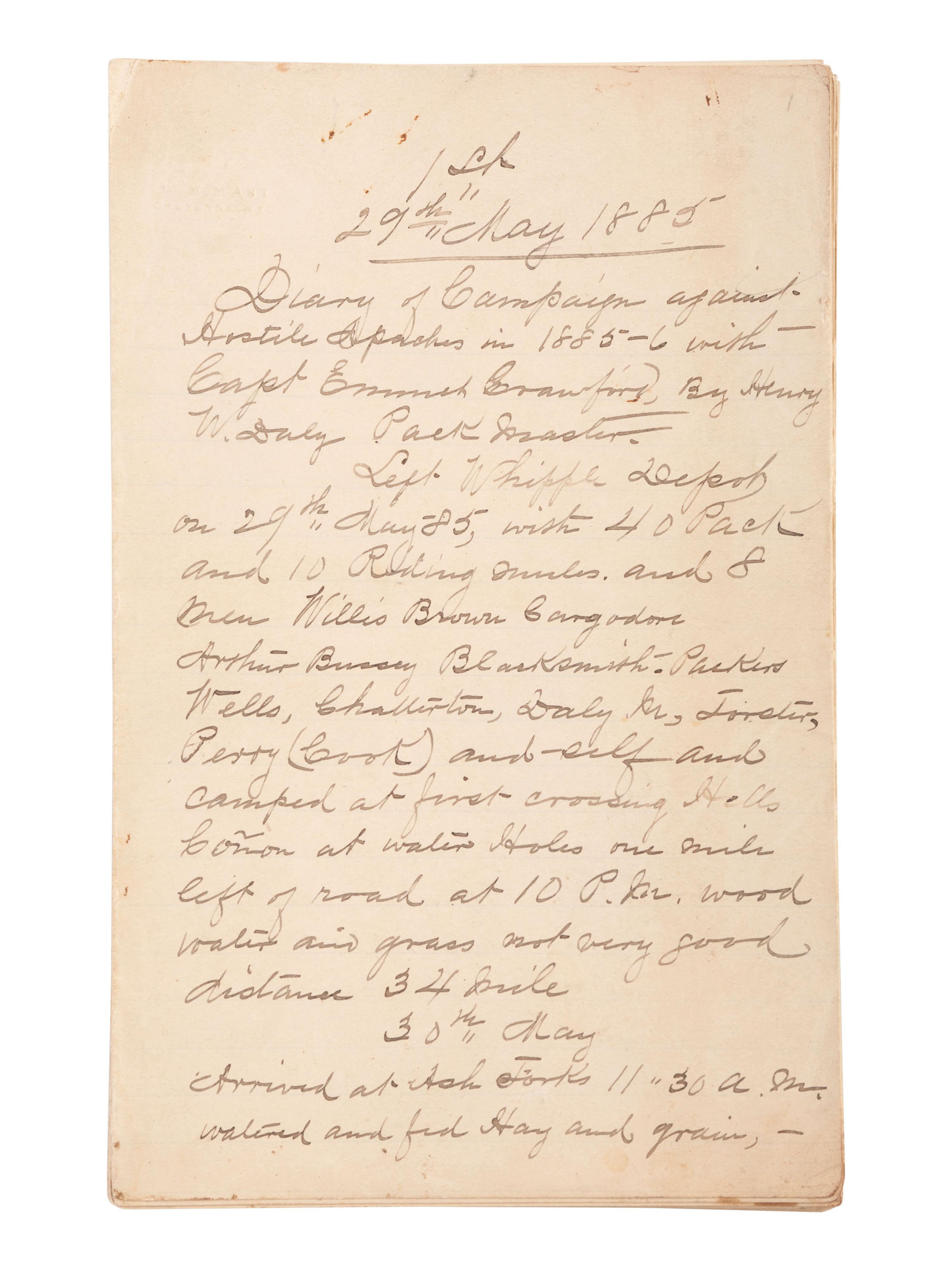 [GERONIMO] - [LATE INDIAN WARS]. DALY, Henry W. (1850-1931). Diary of Campaign against Hostile Apaches in 1885-6 with Capt. Emmet Crawford, by Henry W. Daly Pack Master. [Cheyenne, WY], 29 May 1885 to 28 March 1886.