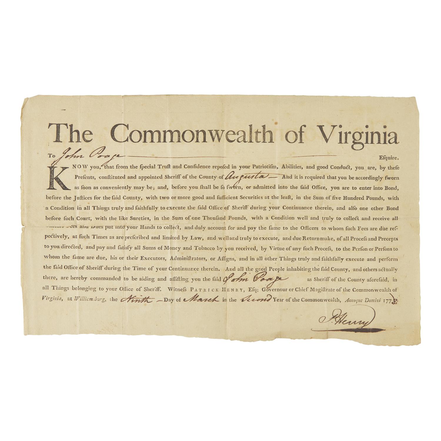 [Americana] Henry, Patrick. Partially-Printed Document, signed