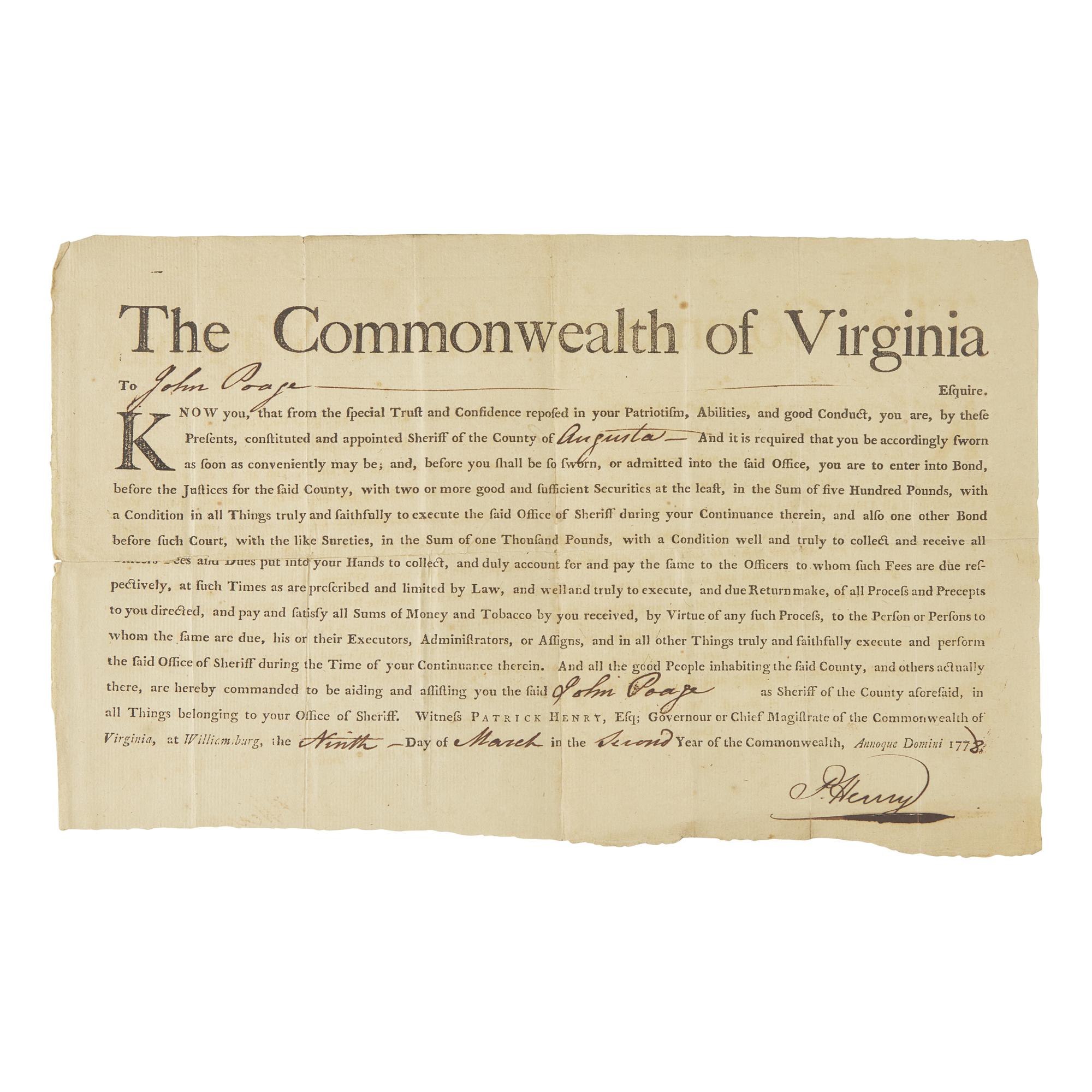 [Americana] Henry, Patrick. Partially-Printed Document, signed