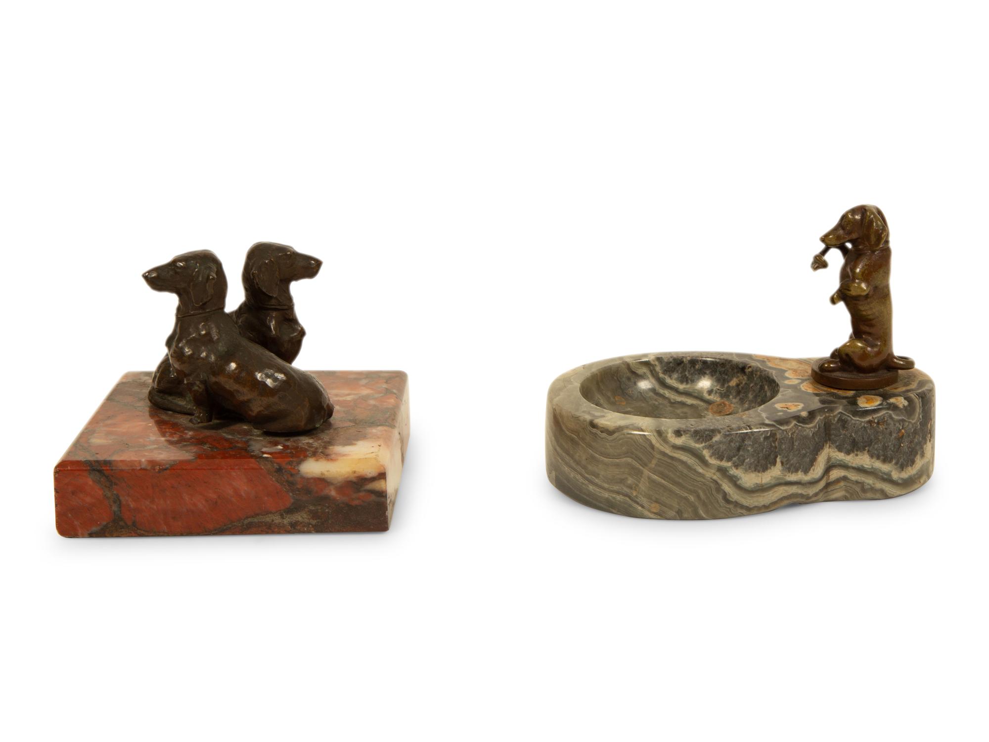 Two Continental Bronze and Marble Dachsund-Themed Desk Accessories