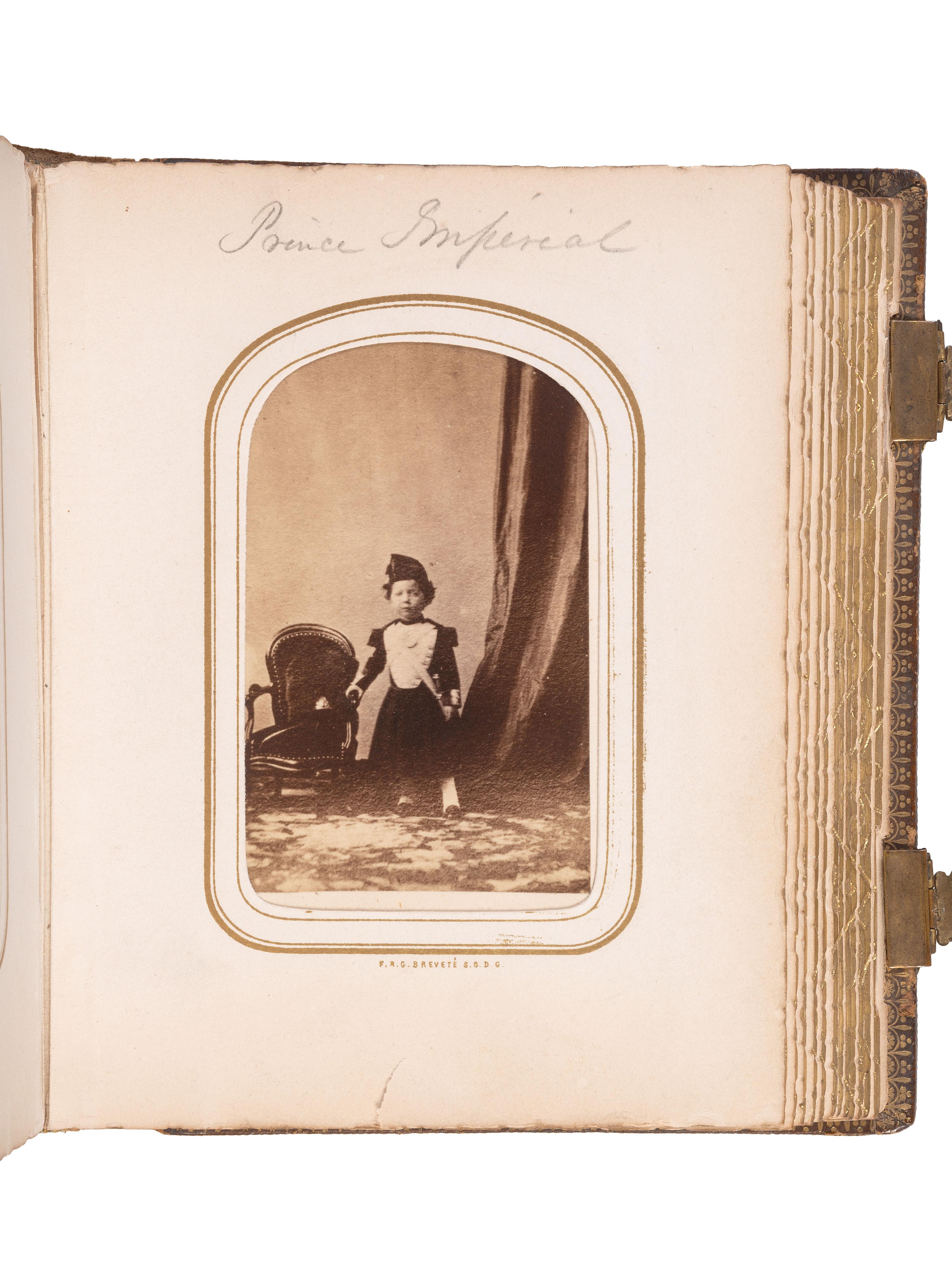 [LINCOLNIANA]. Album containing 50 CDVs of personalities from the US and abroad, featuring the Abraham Lincoln "Cooper Union" pose by Mathew Brady.