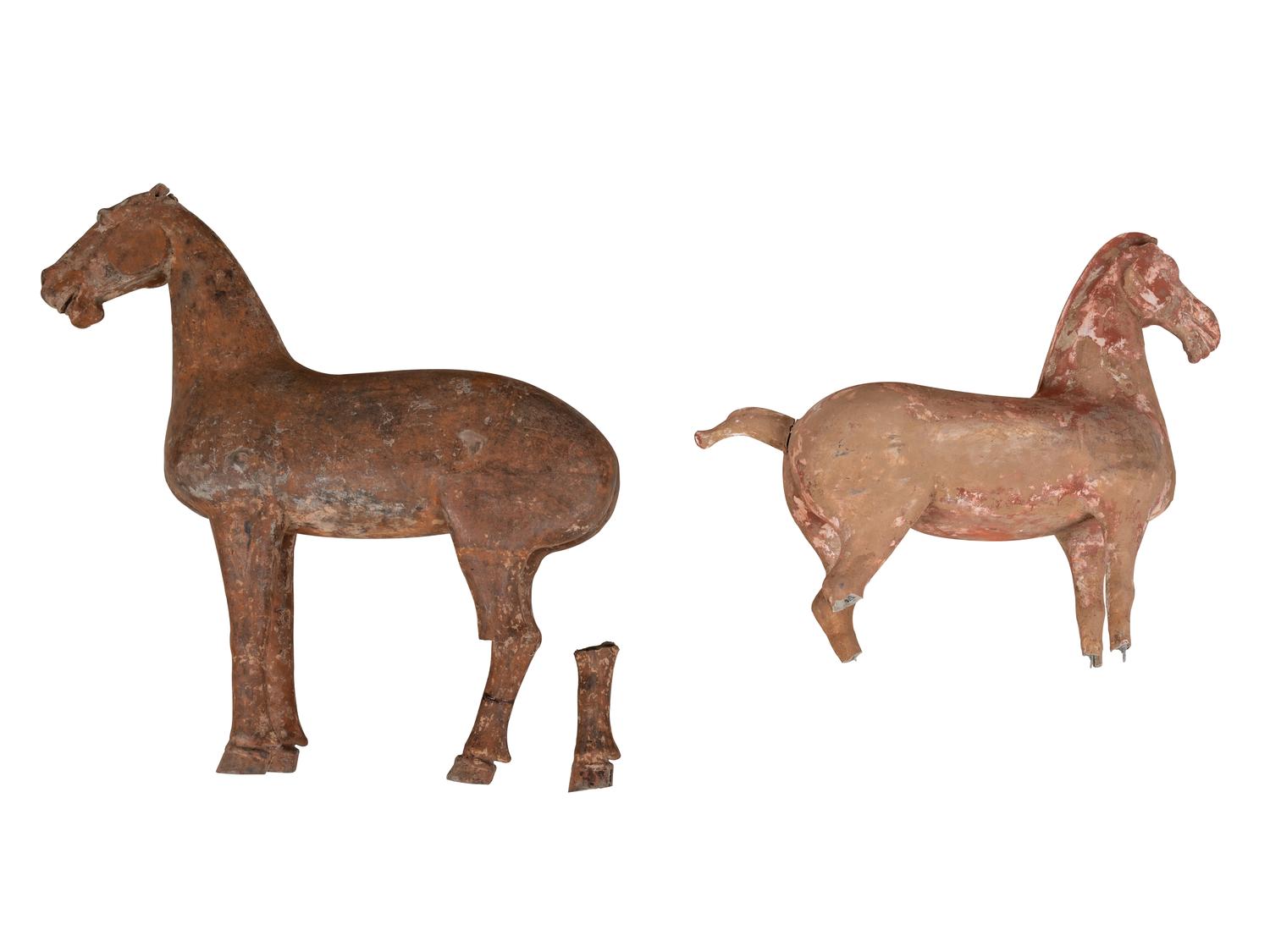 Two Chinese Terra Cotta Horses with Polychrome Remnants