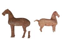 Two Chinese Terra Cotta Horses with Polychrome Remnants