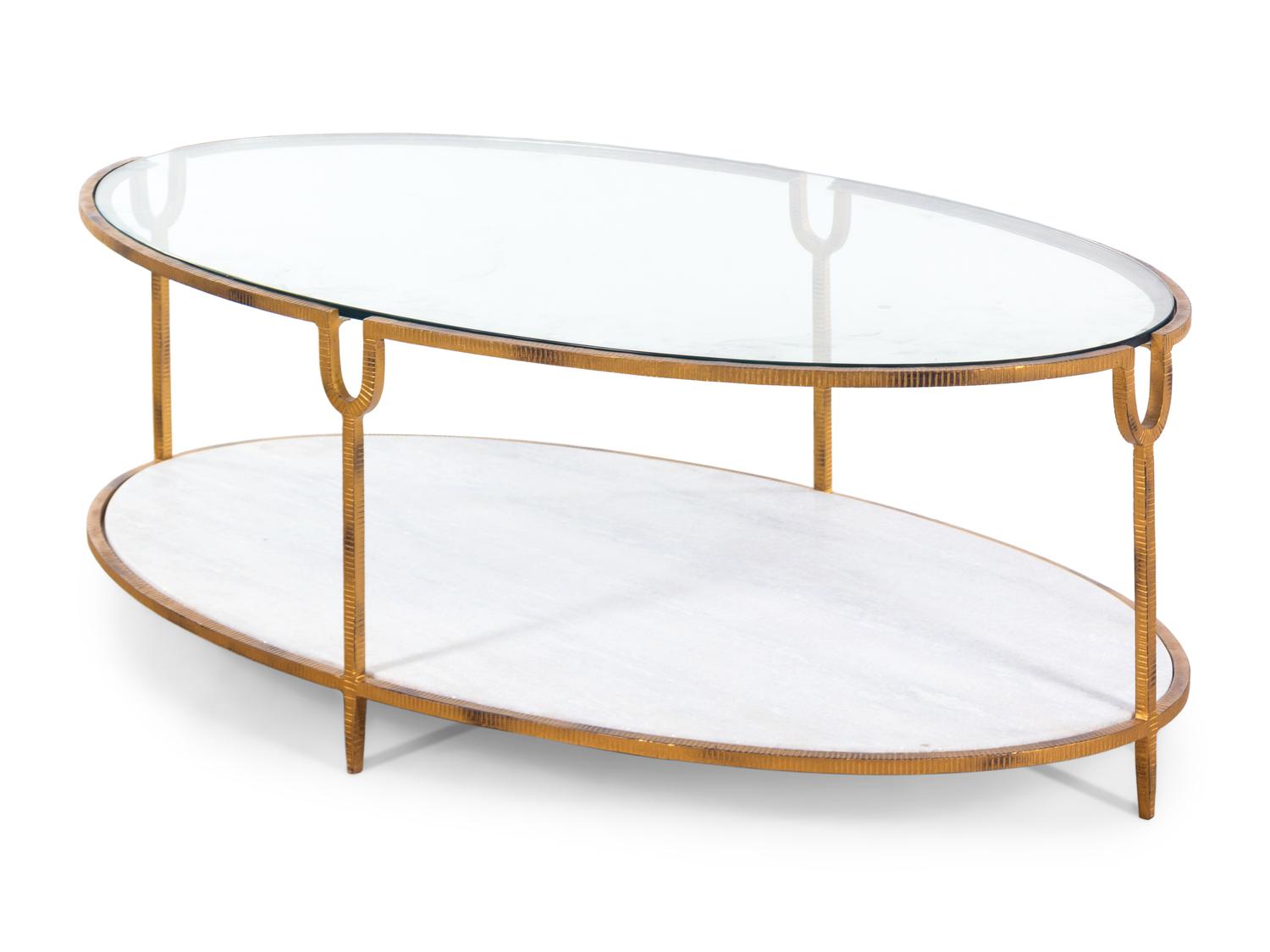 A Contemporary Gilt Metal, Stone and Glass Cocktail Table