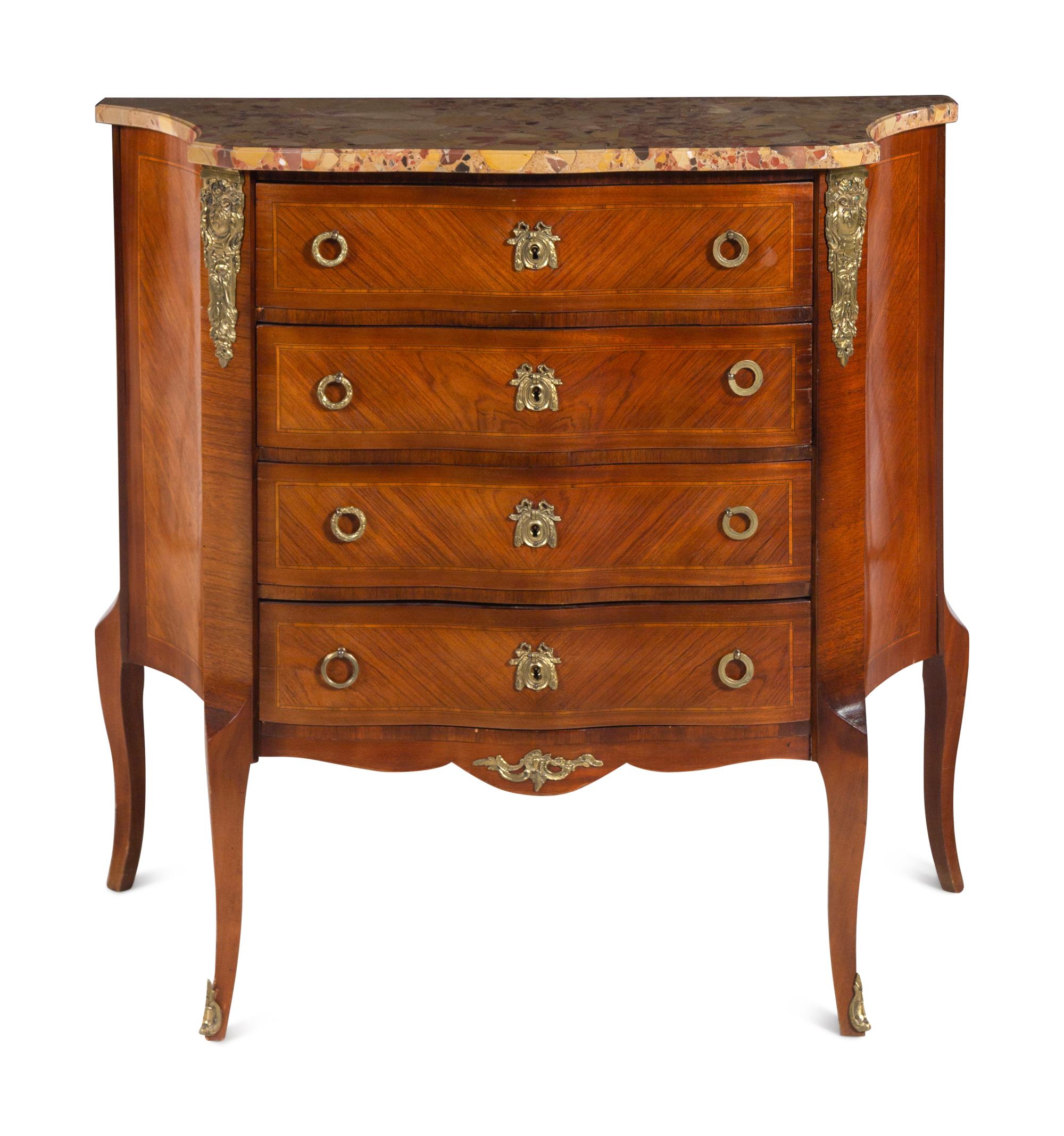 A Louis XV/XVI Transitional Style Gilt Bronze Mounted Marble-Top Commode
