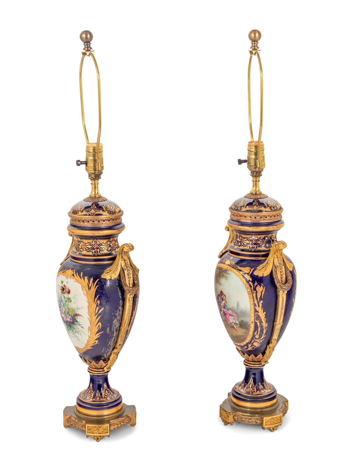 A Pair of Gilt Bronze-Mounted Sèvres Style Porcelain Vases Converted to Lamps