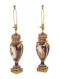 A Pair of Gilt Bronze-Mounted Sèvres Style Porcelain Vases Converted to Lamps