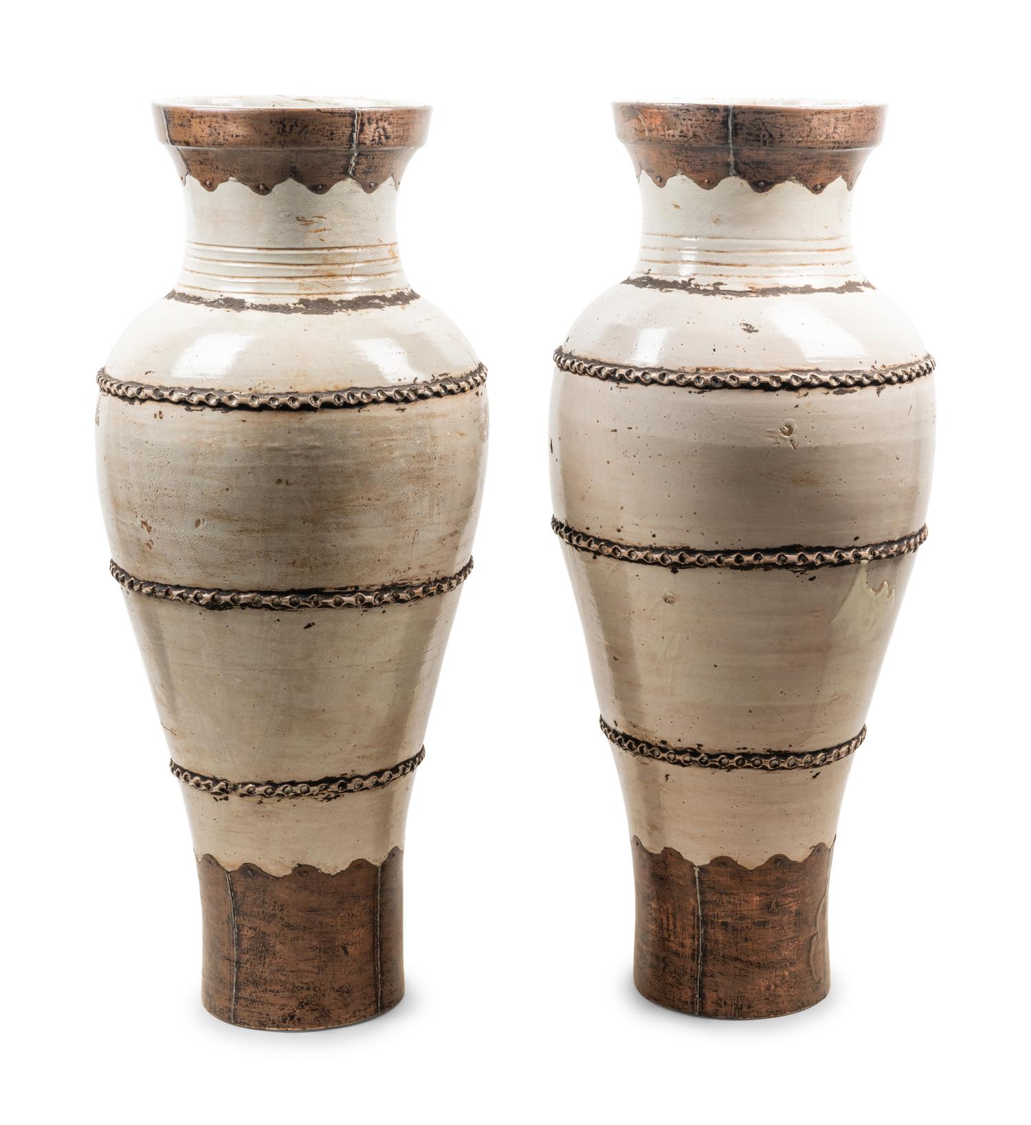 A Pair of Near Eastern Style Metal Mounted Glazed Terra Cotta Floor Vases
