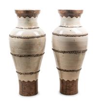 A Pair of Near Eastern Style Metal Mounted Glazed Terra Cotta Floor Vases