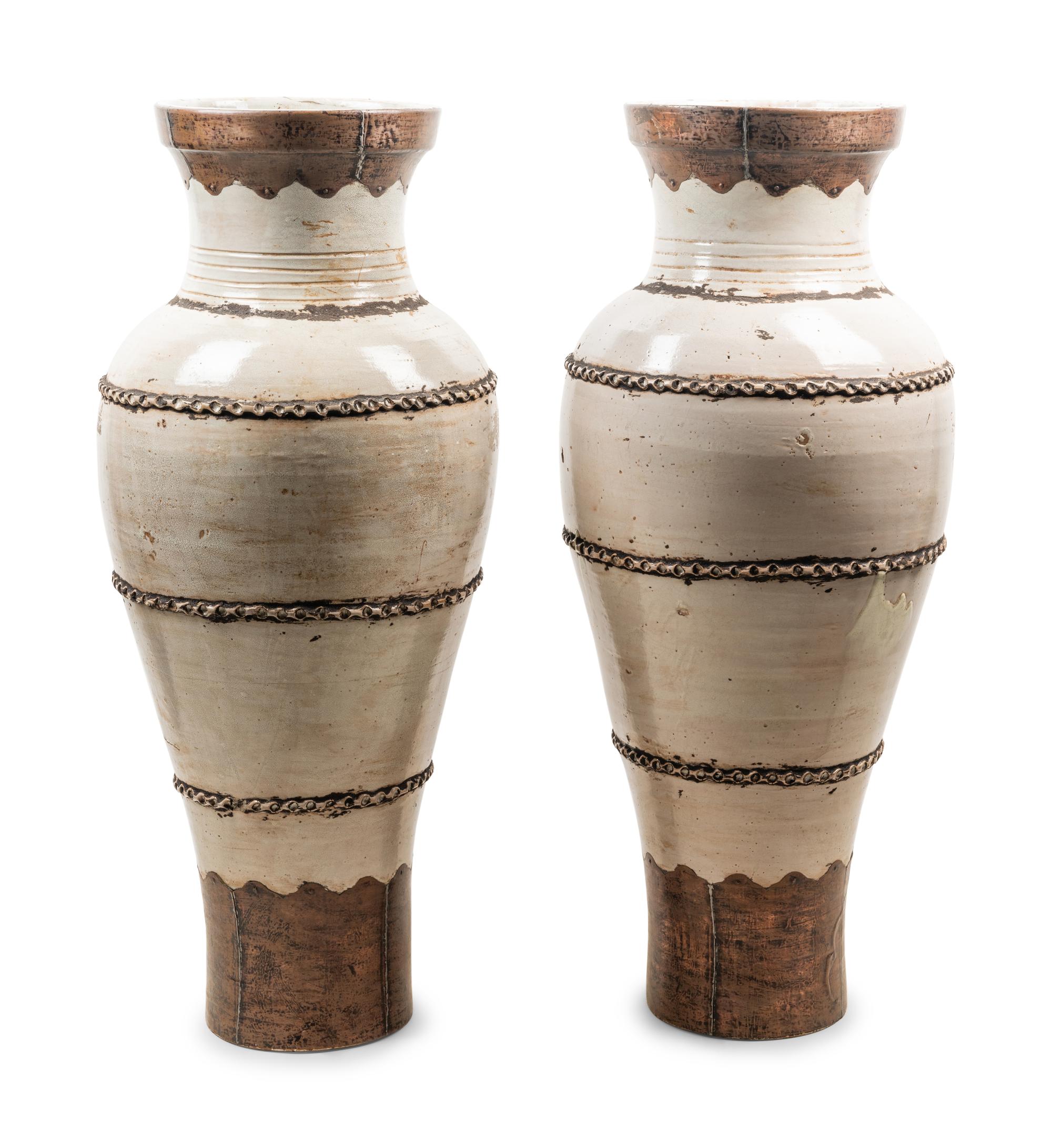 A Pair of Near Eastern Style Metal Mounted Glazed Terra Cotta Floor Vases
