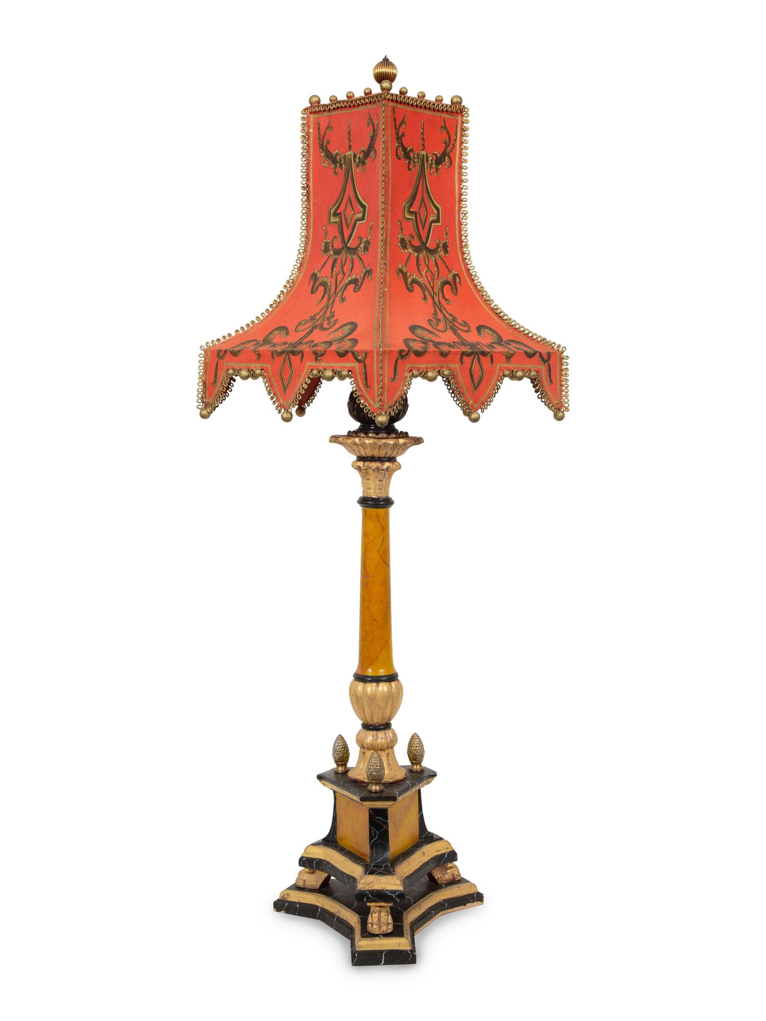 A Painted Pricket Form Table Lamp with Tole Peinte Shade