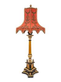 A Painted Pricket Form Table Lamp with Tole Peinte Shade