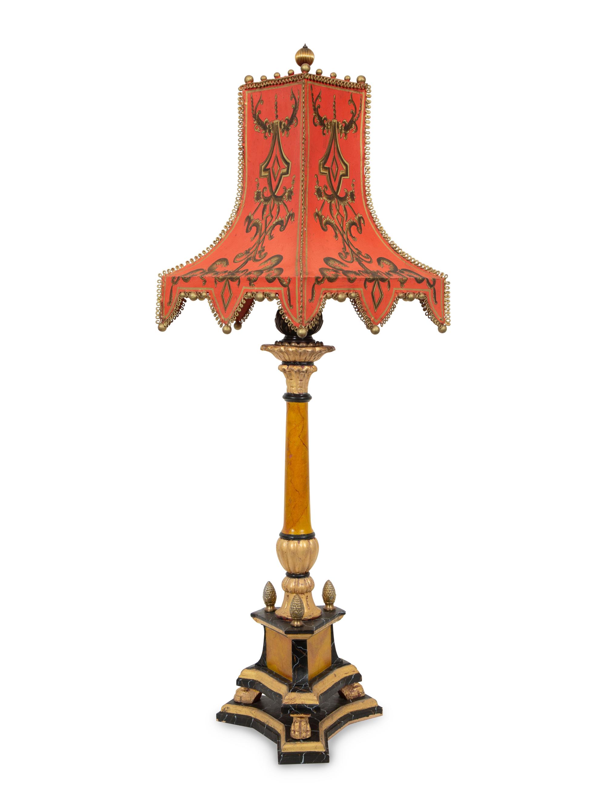 A Painted Pricket Form Table Lamp with Tole Peinte Shade