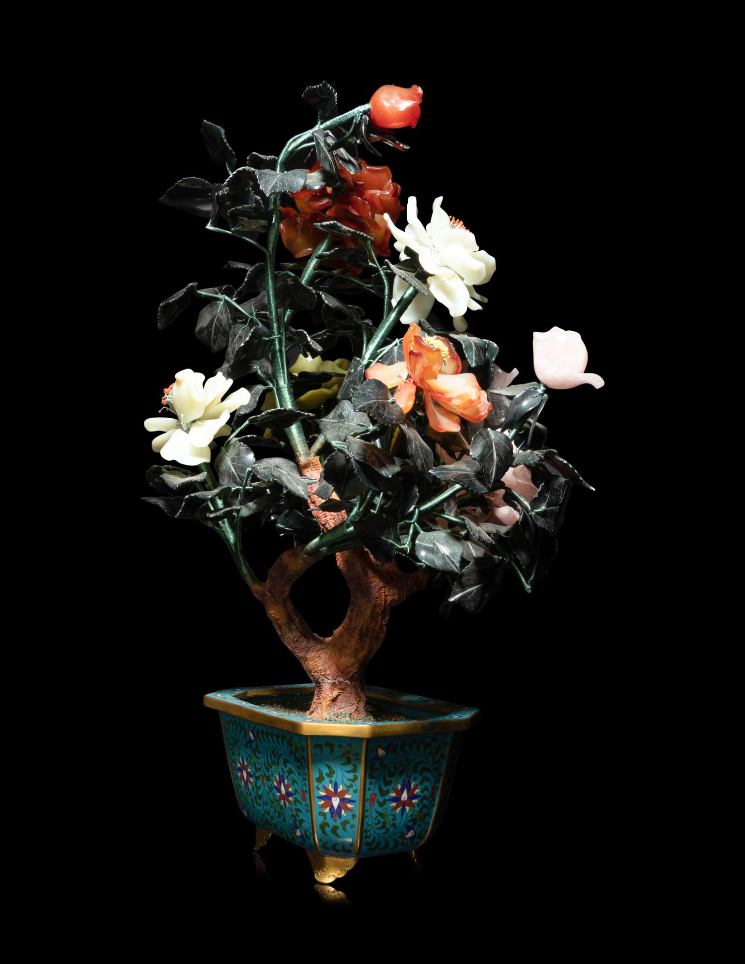 A Chinese Hardstone Peony Tree in A Cloisonné Enamel Jardinière