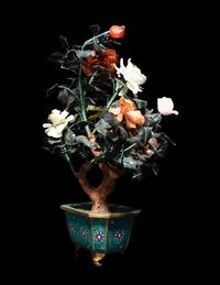 A Chinese Hardstone Peony Tree in A Cloisonné Enamel Jardinière
