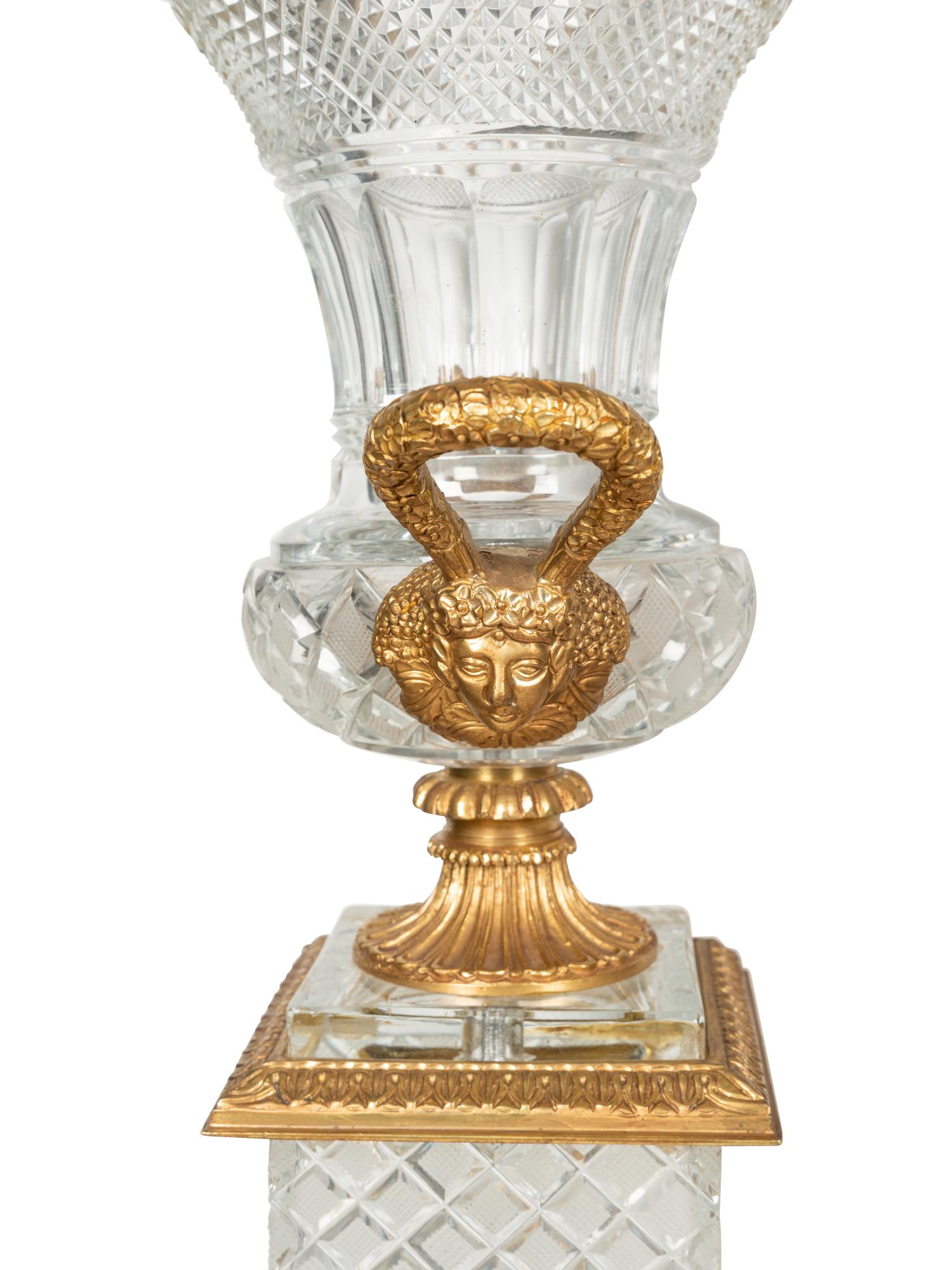 A Pair of Empire Style Gilt Bronze Mounted Cut Glass Urns