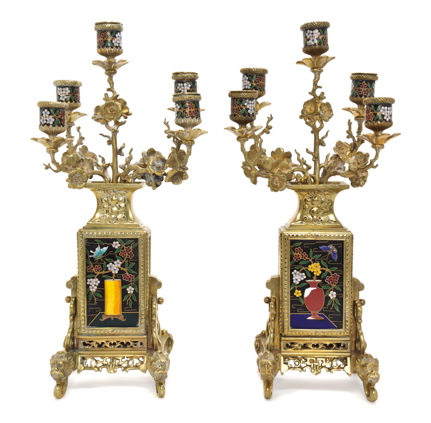 A Pair of Continental Gilt Bronze and Champleve Five-Light Candelabra, Height 17 3/4 inches.