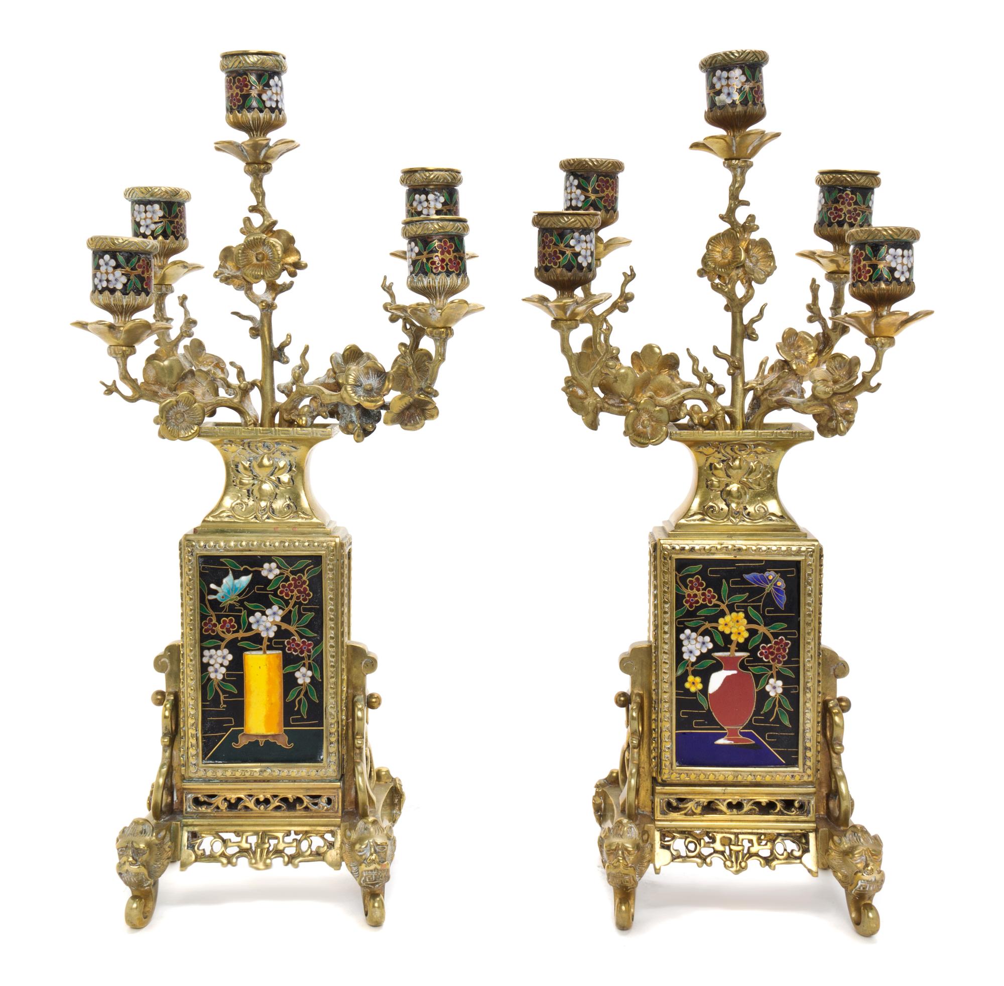 A Pair of Continental Gilt Bronze and Champleve Five-Light Candelabra, Height 17 3/4 inches.