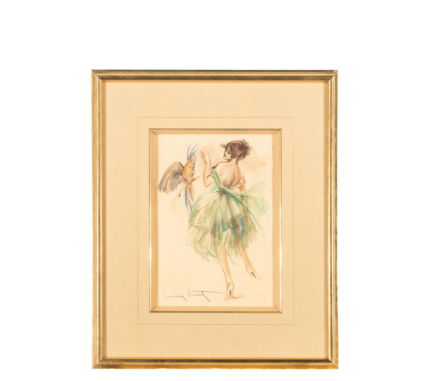 A Lady in a Green Dress and a Macaw