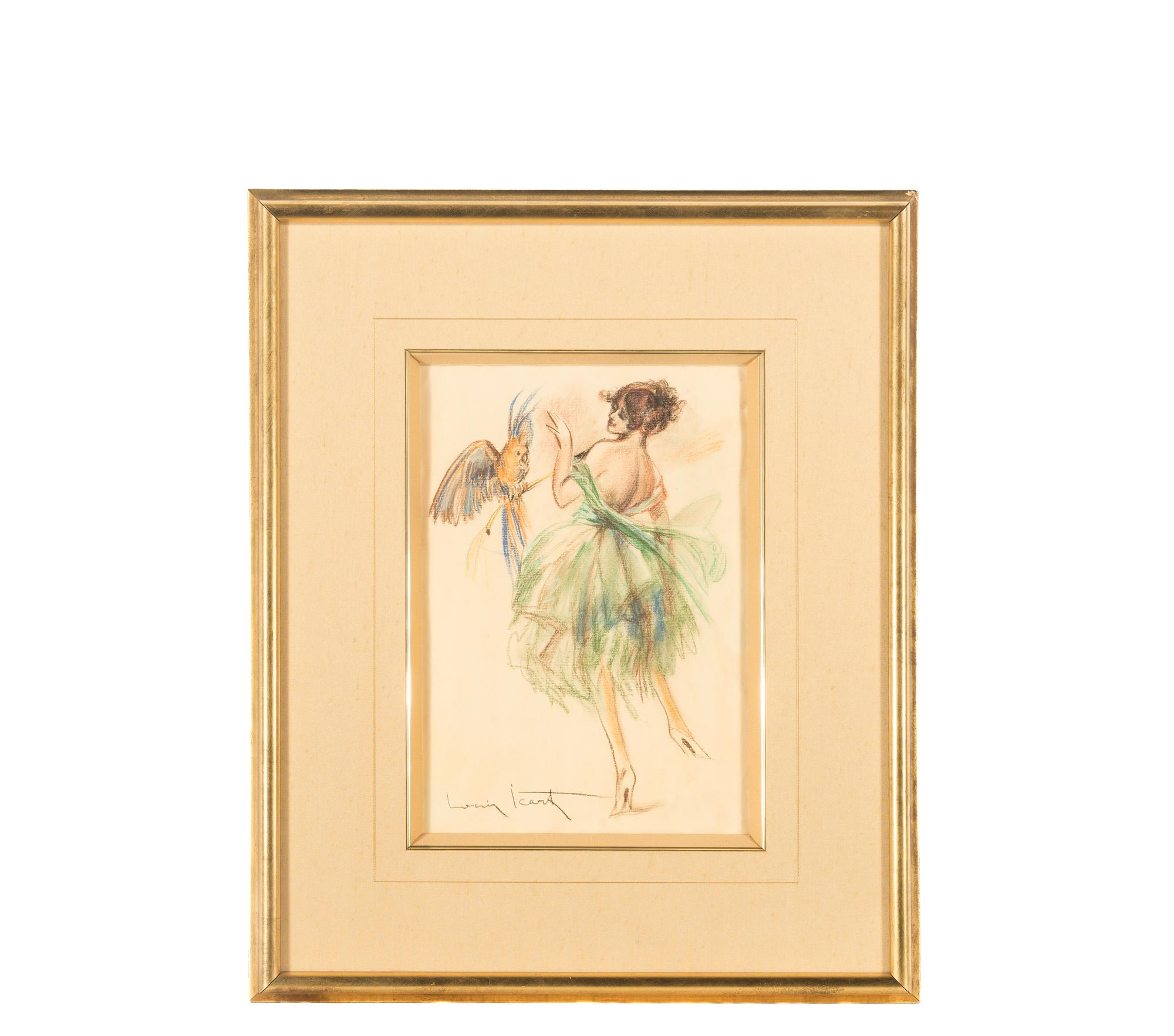 A Lady in a Green Dress and a Macaw