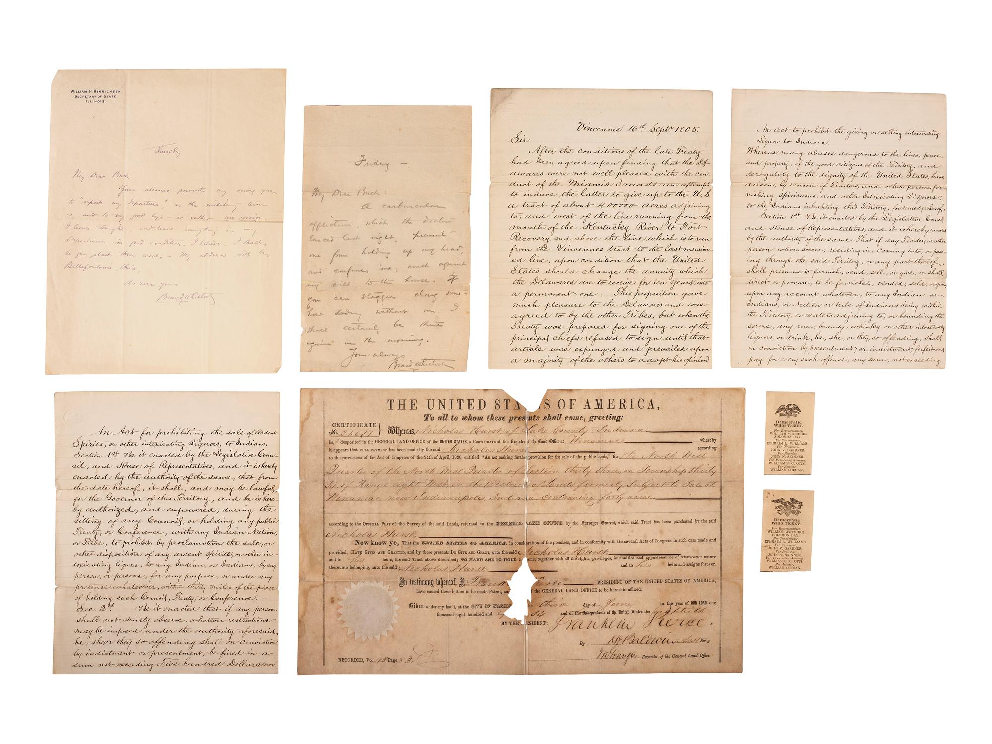[POLITICS IN AMERICA]. A group of 11 autographed items and ephemera, highlighted by ALsS from John Eaton, Edward Everett, and William Jennings Bryan.
