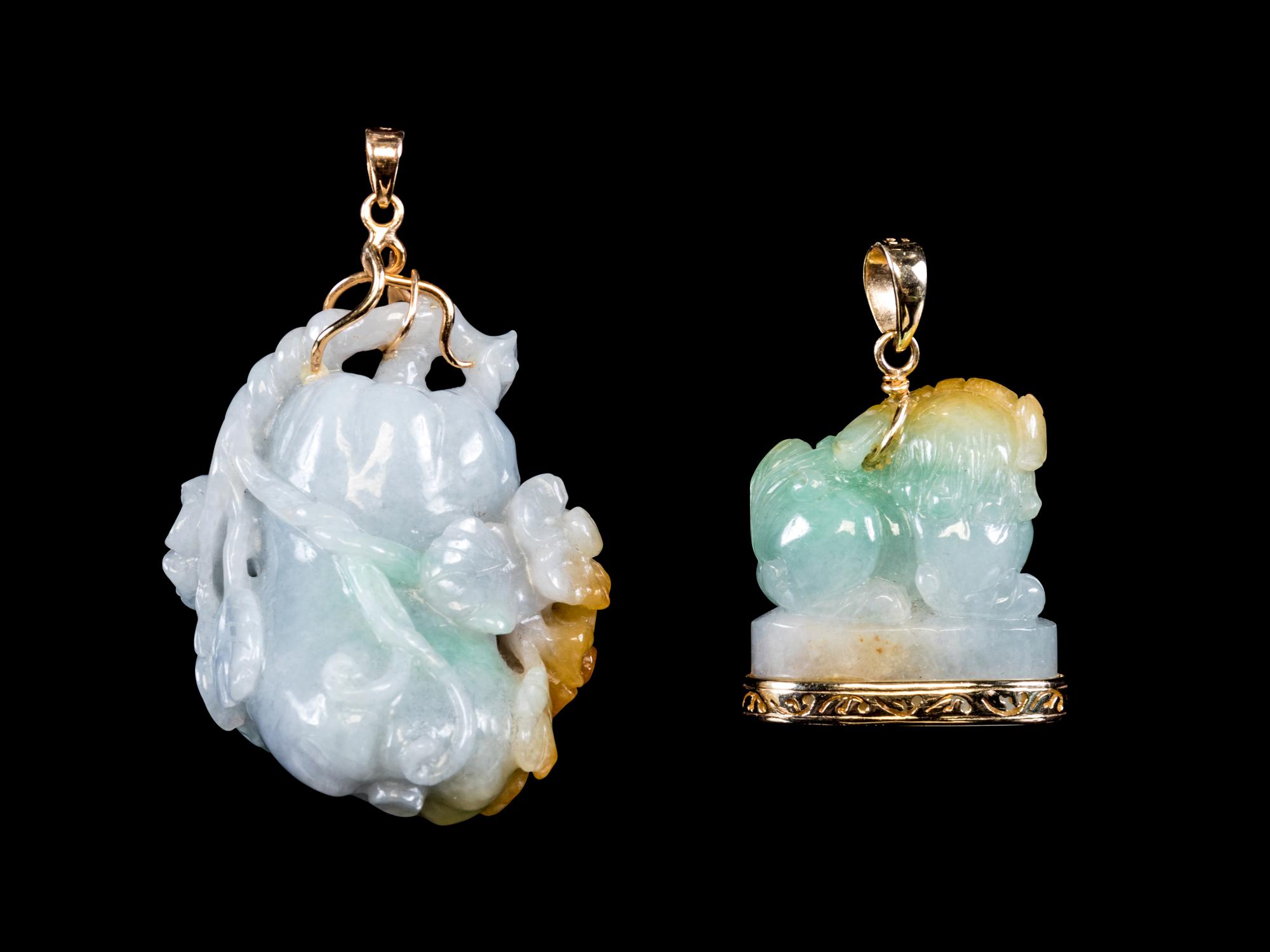 Two 14K Yellow Gold Mounted Apple Green, Russet and White Jadeite Pendants