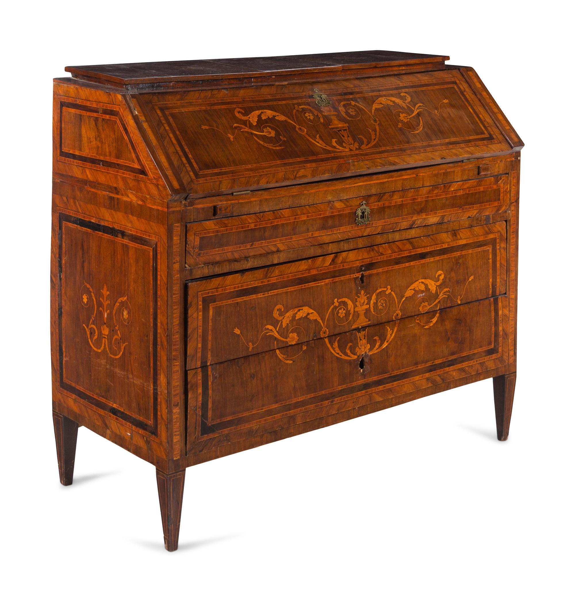 An Italian Walnut and Marquetry Slant-Front Bureau