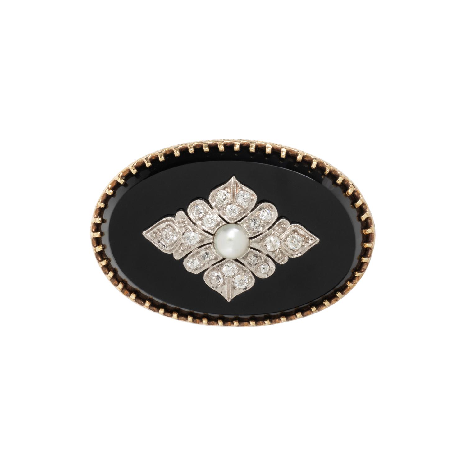 ONYX, DIAMOND AND CULTURED PEARL BROOCH