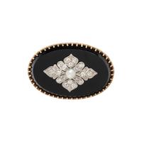 ONYX, DIAMOND AND CULTURED PEARL BROOCH