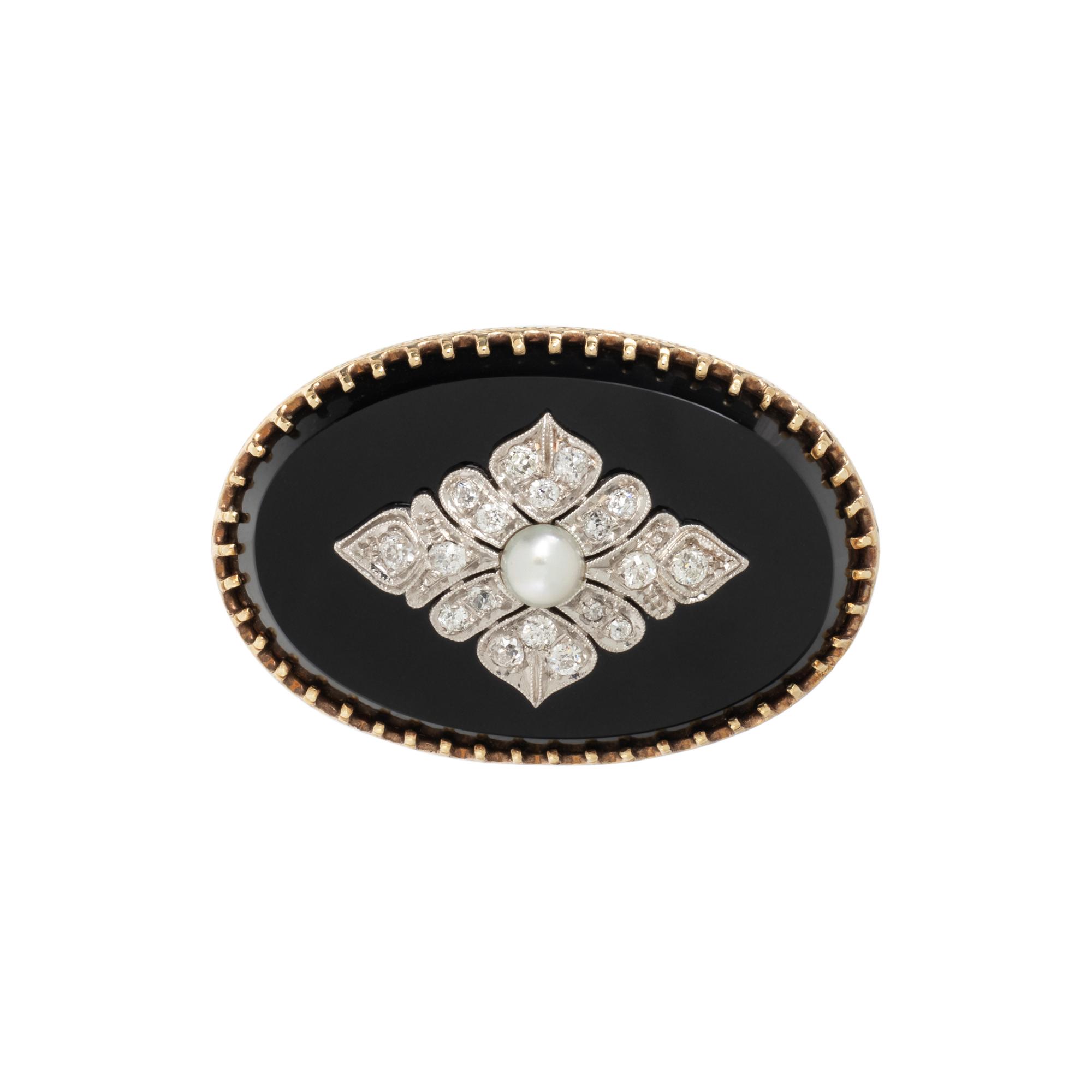 ONYX, DIAMOND AND CULTURED PEARL BROOCH